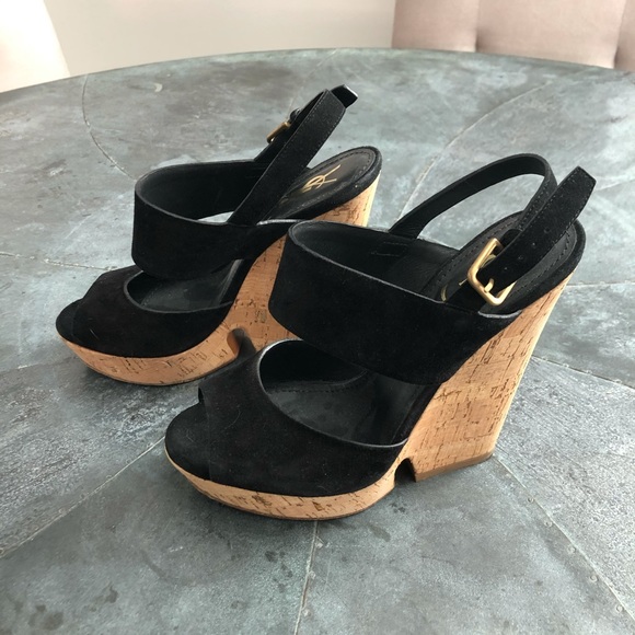Yves Saint Laurent Shoes - YSL Black Suede Cork Wedges
